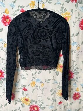 SHEIN | Black Floral Sheer Long-Sleeve Crop Top